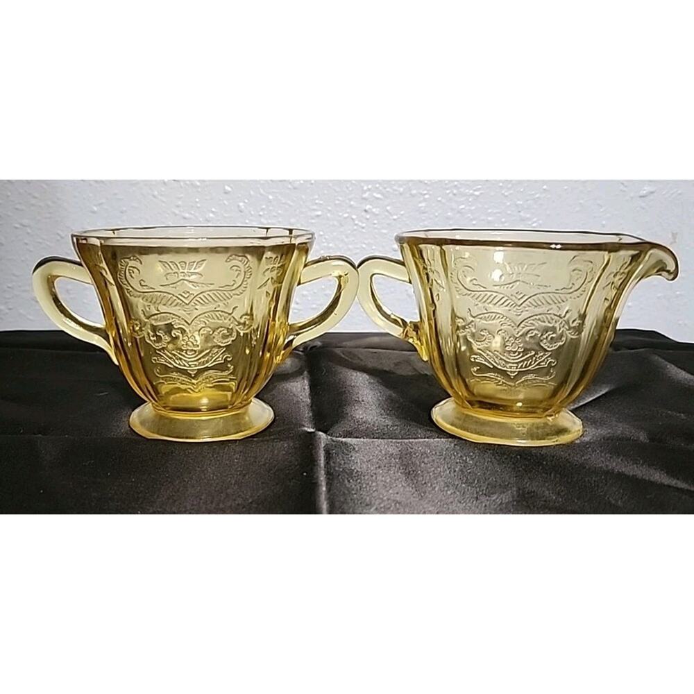 VTG 1930s Federal Glass Amber Yellow Madrid Sugar And Creamer Set
